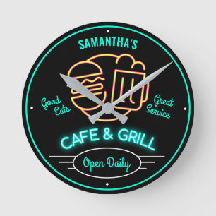 Cafe Grill Retro Fifties Neon Effect Any Name Round Clock