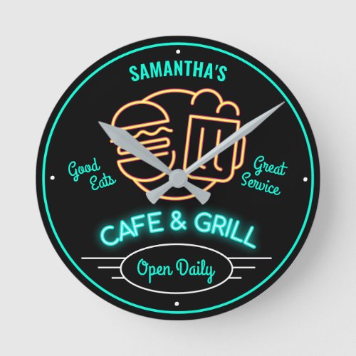  Cafe Grill Retro Fifties Neon Effect Any Name Round Clock