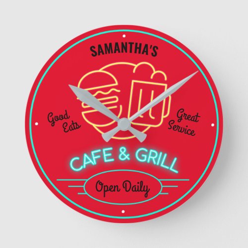 Cafe Grill Retro Fifties Neon Effect Name Red Round Clock