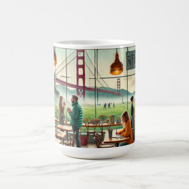 Cafe in Foggy San Francisco Golden Gate Bridge Coffee Mug (Center)
