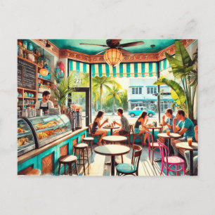 Cafe in Miami Watercolor Postcard
