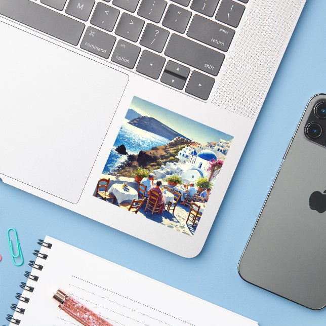 Cafe in Santorini Sticker (Laptop w/ iPhone)