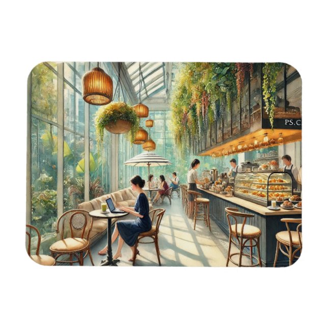 Cafe in Singapore Watercolor Painting Magnet (Horizontal)
