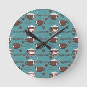 Cafe Latte Cappuccino Brown Coffee Cups Cream Round Clock