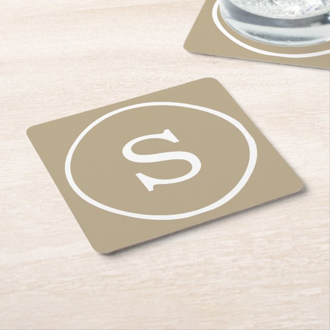 Cafe Latte Solid Color White Monogram Square Paper Coaster (Angled)