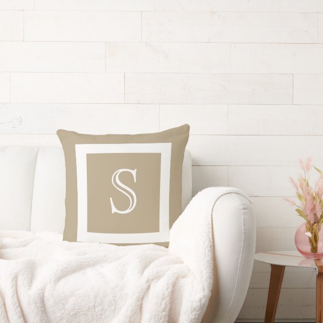 Cafe Latte Solid Color White Monogram Throw Pillow (Couch)