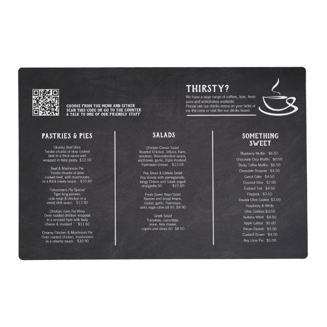 Cafe menu chalkboard white 6 sections qr code placemat (Back)