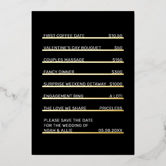 Café Menu Fun Unique Save the Date Gold Foil Invitation (Front)