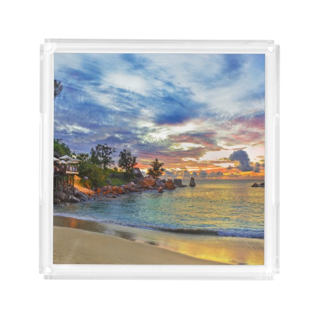 Cafe On Tropical Beach At Sunset Acrylic Tray (Front)