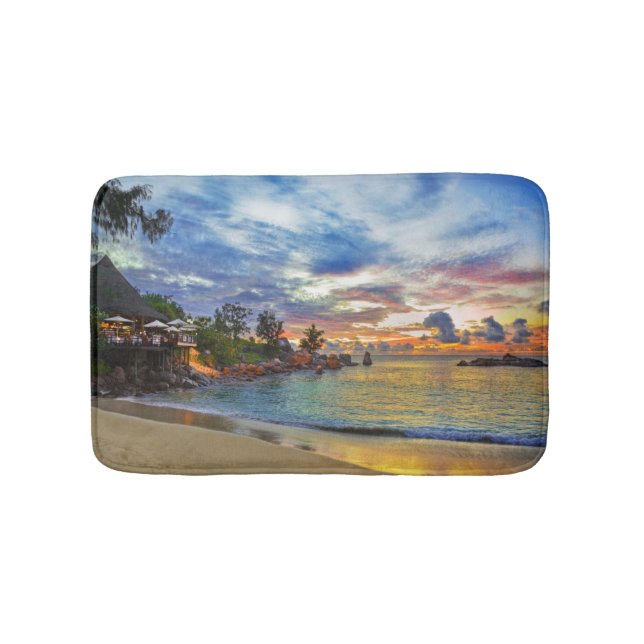 Cafe On Tropical Beach At Sunset Bath Mat (Front)