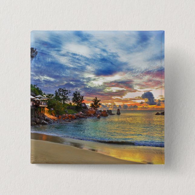 Cafe On Tropical Beach At Sunset Button (Front)