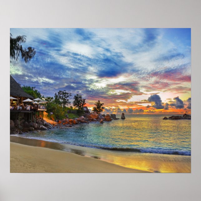 Cafe On Tropical Beach At Sunset Poster (Front)