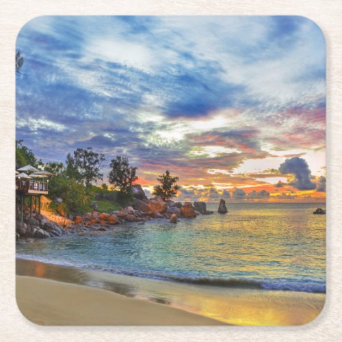 Cafe On Tropical Beach At Sunset Square Paper Coaster