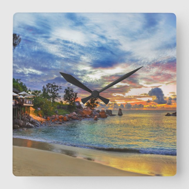 Cafe On Tropical Beach At Sunset Square Wall Clock (Front)