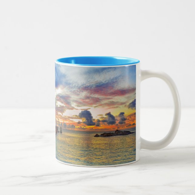 Cafe On Tropical Beach At Sunset Two-Tone Coffee Mug (Right)