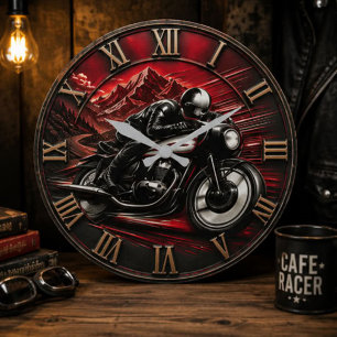 Cafe Racer Motorcycle Vintage Speed Racing Garage Large Clock