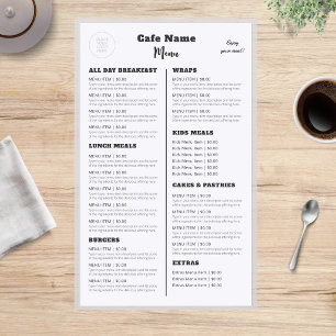 Cafe Restaurant Diner Double Sided Menu