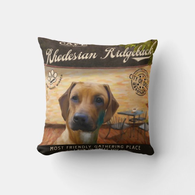 Cafe Rhodesian Ridgeback Throw Pillow (Front)