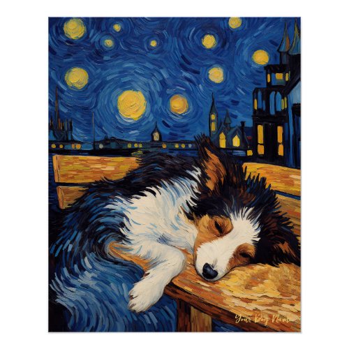 Cafe Terrace at Night _ Border Collie Dog 001 _ Qi Poster