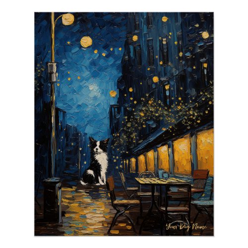 Cafe Terrace at Night _ Border Collie Dog 002 _ Qi Poster