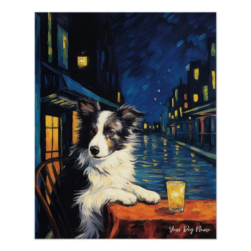 Cafe Terrace at Night _ Border Collie Dog 003 _ Qi Poster