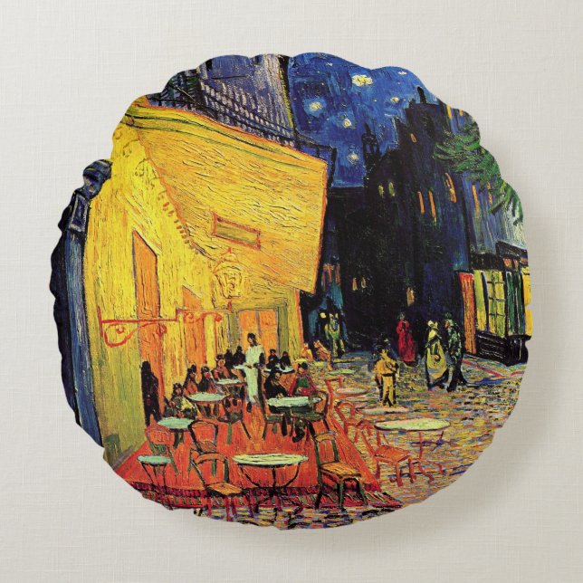 Cafe Terrace at Night by Vincent van Gogh Round Pillow (Front)
