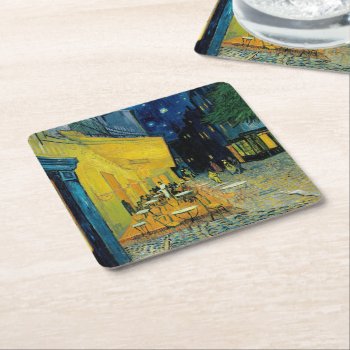 Café Terrace At Night Square Paper Coaster by vintage_gift_shop at Zazzle