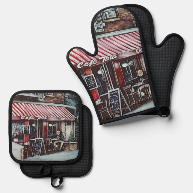 Cafe Tina's Twilight, NYC. Oven Mitt & Pot Holder Set (Front/Back)