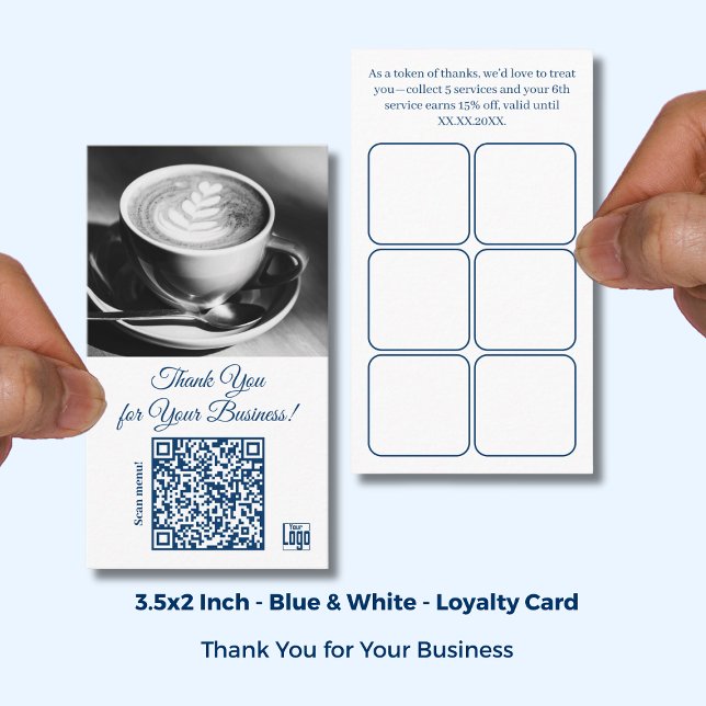 Cafe  White Blue Logo & QR - Thank You Loyalty Card (Cafe White Blue Logo & QR - Thank You Loyalty Card; Size:3.5x2 Inch)