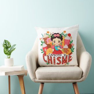 “Cafecito y Chisme” Latina Coffee Lover Throw Pillow