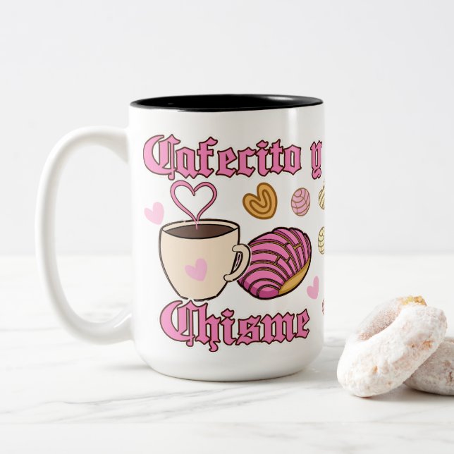 Cafecito y Chisme pan dulce  Two-Tone Coffee Mug (With Donut)
