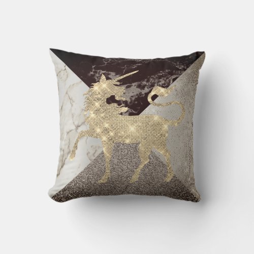 Caffe Noir  Sparkly Foxier Gold Unicorn Marble Throw Pillow