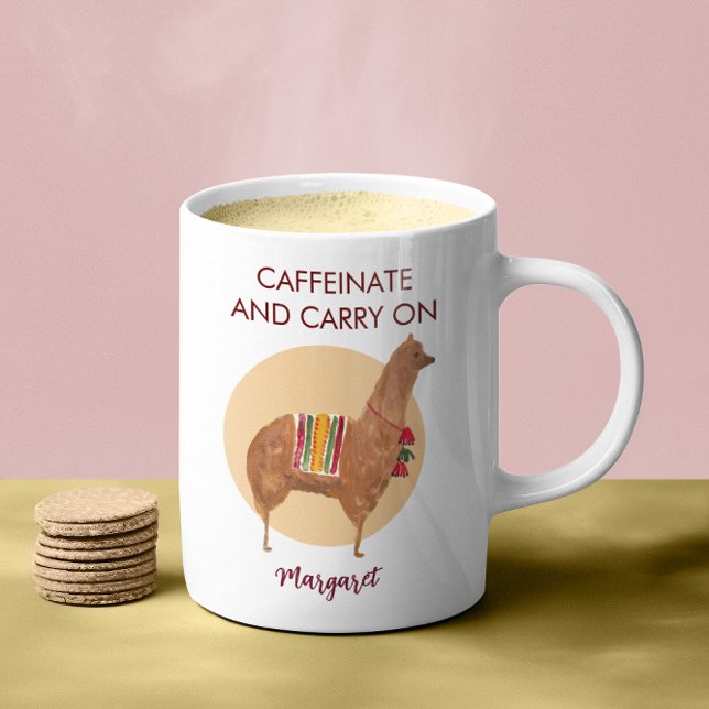 Caffeinate Carry On Llama Alpaca Hand-Drawn Animal Coffee Mug (This cute personalized alpaca llama coffee mug reads: "Caffeinate and Carry On.")