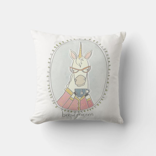 Caffeinated Cutie | Brew Unicorn Throw Pillow (Front)