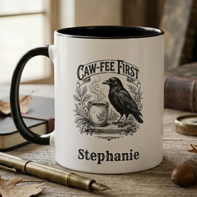 Caffeine Addict Funny Raven Gothic Bird Art Gift Mug (Funny raven coffee mug)