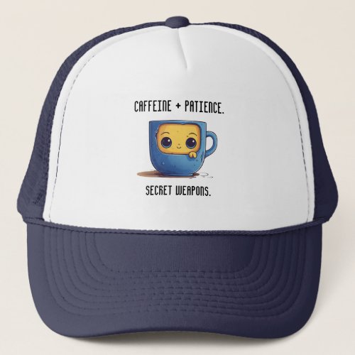 Caffeine and Patience Chibi Coffee Cup Trucker Hat