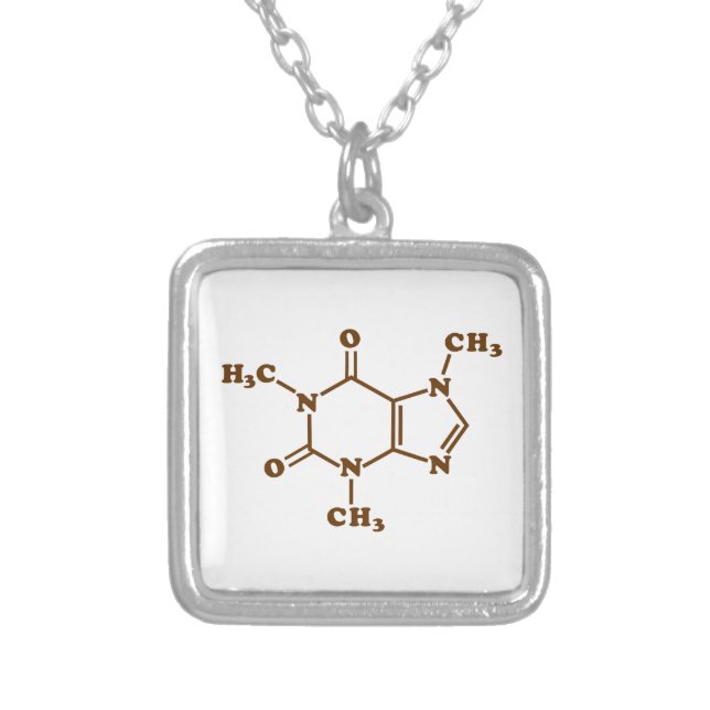 Caffeine Coffee Molecular Chemical Formula Silver Plated Necklace (Front)