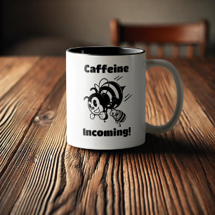Caffeine Incoming! Funny Bee With Buckets Cartoon Two-Tone Coffee Mug