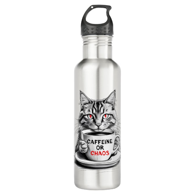 Caffeine Or Chaos Cat Coffee Lover  Stainless Steel Water Bottle (Front)