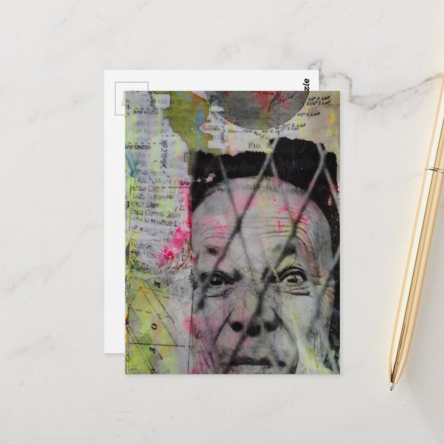 caged man retro junk journal Mixed Media Collage Postcard (Front/Back In Situ)