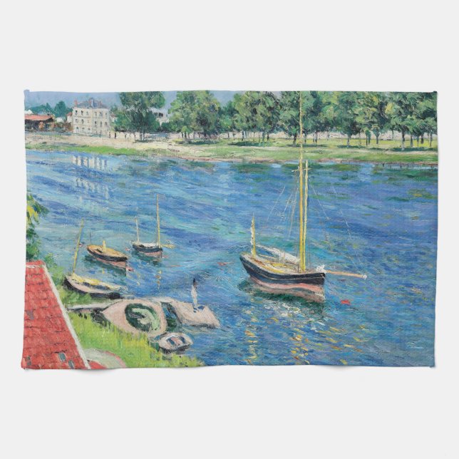 Caillebotte - Seine at Argenteuil, Boats at anchor Kitchen Towel (Horizontal)