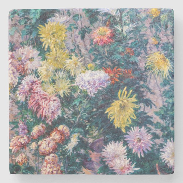 Caillebotte - White and Yellow Chrysanthemums Stone Coaster (Front)