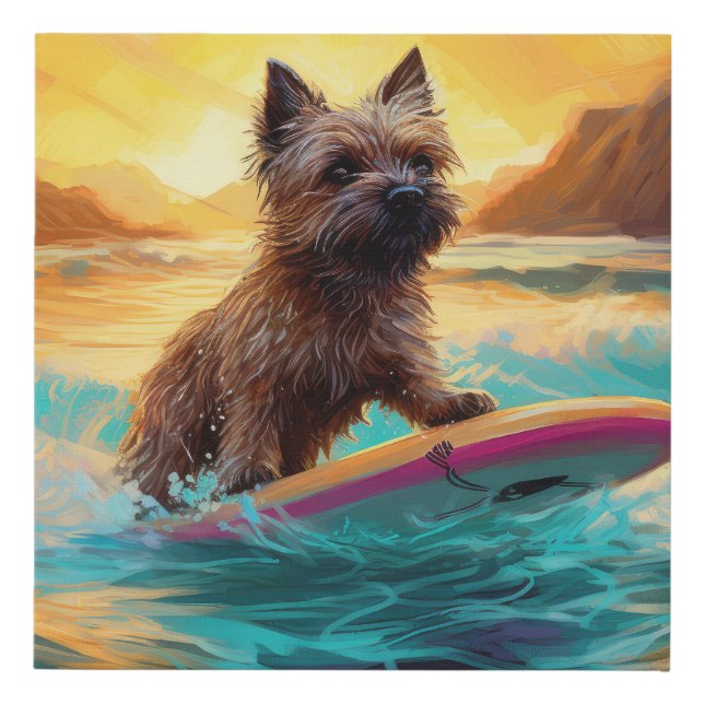 Cairn Terrier Beach Surfing Painting Faux Canvas Print (Front)