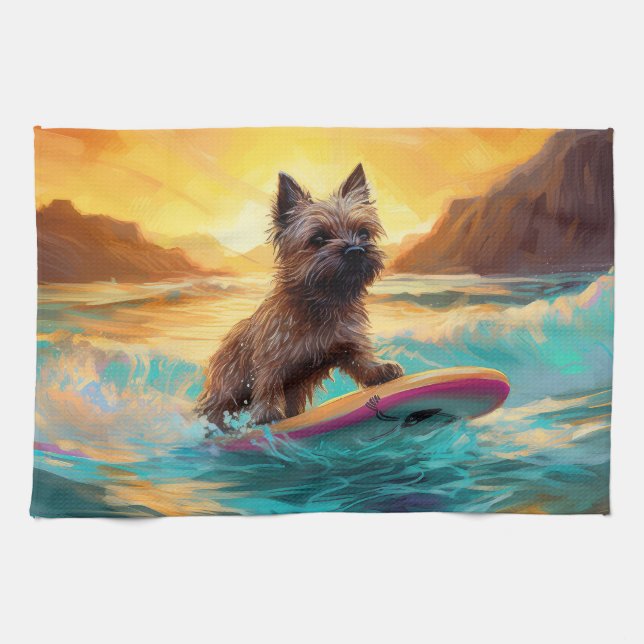 Cairn Terrier Beach Surfing Painting Kitchen Towel (Horizontal)
