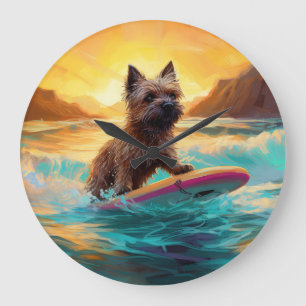 Cairn Terrier Beach Surfing Painting Large Clock