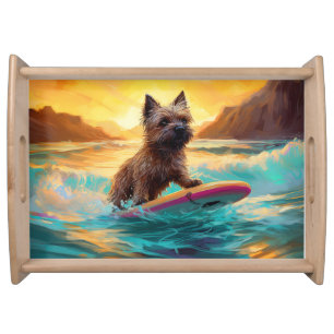 Cairn Terrier Beach Surfing Painting Serving Tray