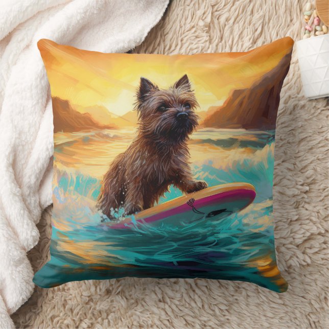 Cairn Terrier Beach Surfing Painting Throw Pillow (Blanket)