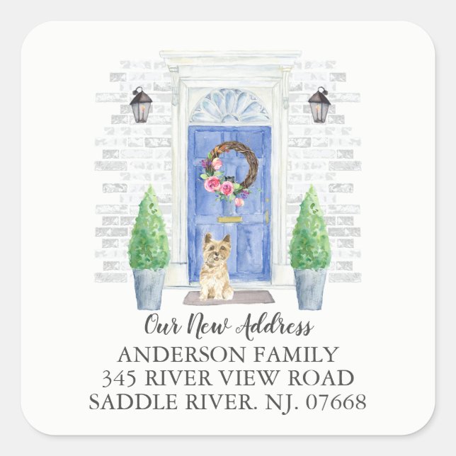 Cairn Terrier Blue Door New Address Label Sticker (Front)