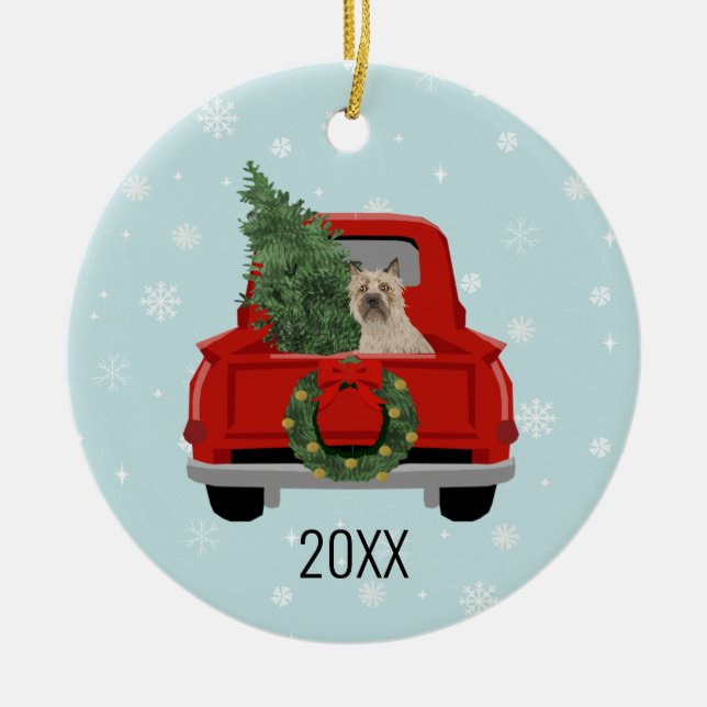 Cairn Terrier Christmas Red Truck Holiday Ceramic Ornament (Front)