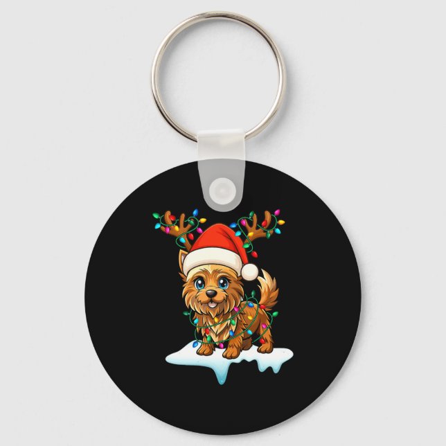 Cairn Terrier Christmas Santa Hat Reindeer Lights  Keychain (Front)